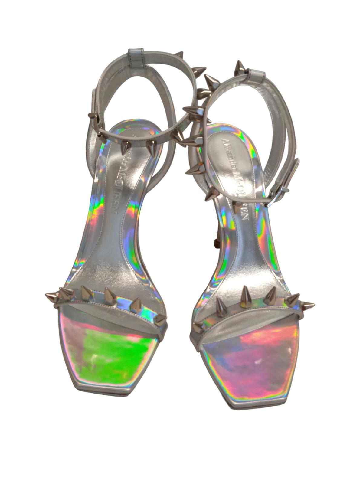 ALEXANDER MCQUEEN Spike Holo Sandals Leather Heeled Silver EU41 UK8 NEW RRP690