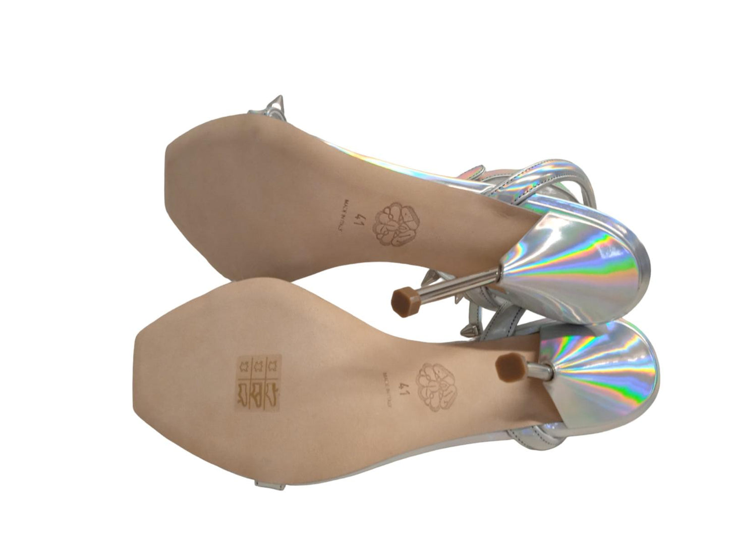 ALEXANDER MCQUEEN Spike Holo Sandals Leather Heeled Silver EU41 UK8 NEW RRP690