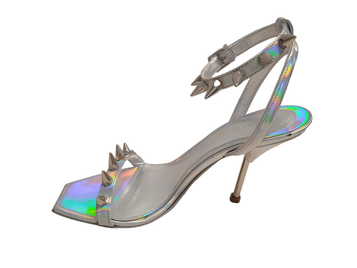 ALEXANDER MCQUEEN Spike Holo Sandals Leather Heeled Silver EU38 UK5 NEW RRP690