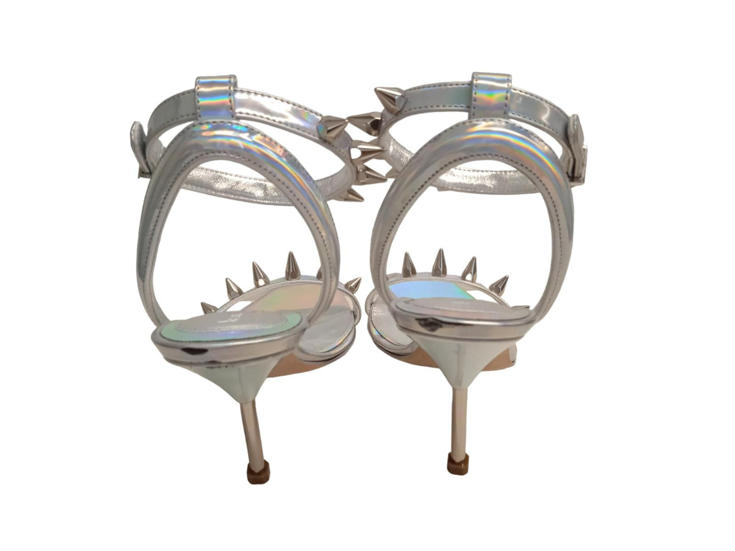 ALEXANDER MCQUEEN Spike Holo Sandals Leather Heeled Silver EU38 UK5 NEW RRP690
