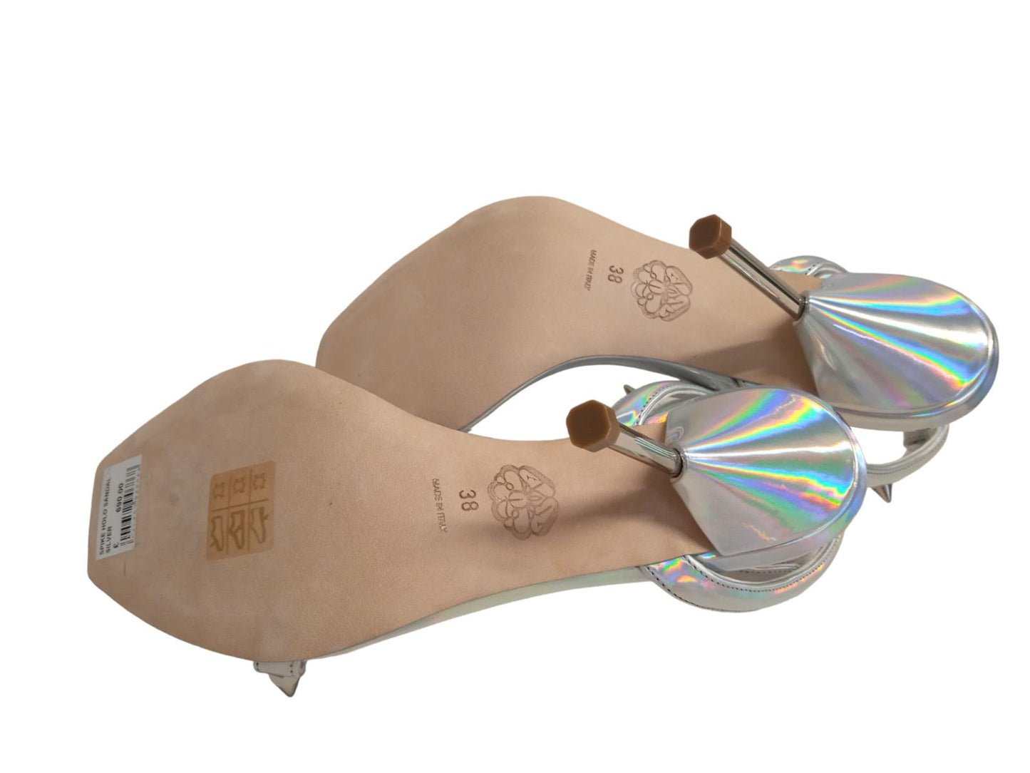 ALEXANDER MCQUEEN Spike Holo Sandals Leather Heeled Silver EU38 UK5 NEW RRP690