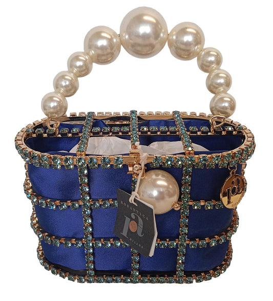 ROSANTICA Holli Crystal & Faux Pearl Bag Top Handle Blue/Gold OS NEW RRP815