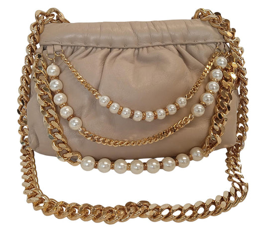 ROSANTICA Glam Pearls Bag Clutch Chain Straps Leather Beige OS NEW RRP560