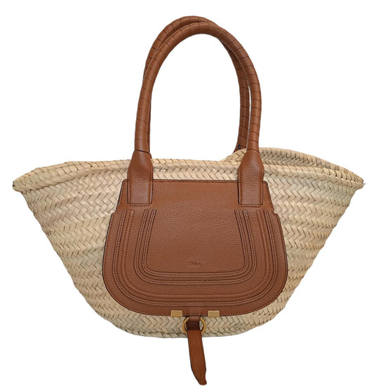 CHLOE Marcie Bag Raffia/Leather Tote Medium Basket Open Top Brown OS NEW RRP550