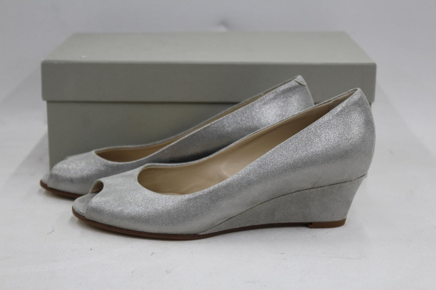 HOBBS Ladies Metallic Silver Viv Open Toe Wedge Court Shoes UK3 RRP129 BNIB