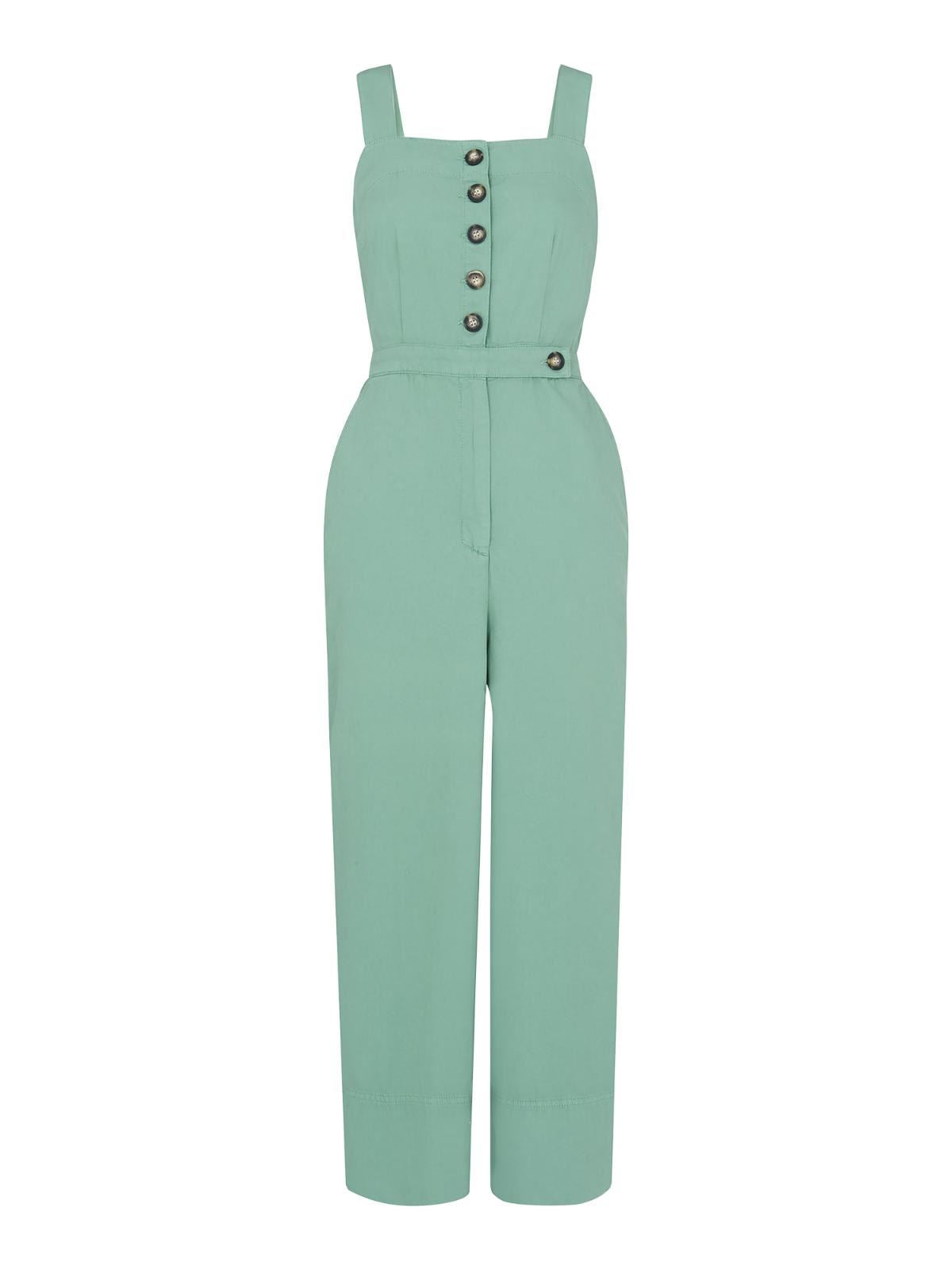 WHISTLES Ladies Tia Denim Button Jumpsuit Sleeveless Pale Green UK16 BNWT RRP149