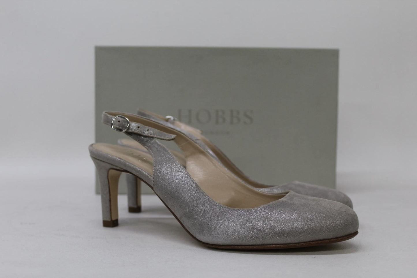 HOBBS Ladies Metallic Silver Suede Slim Heel Lizzie Slingback Sandals UK3 NEW