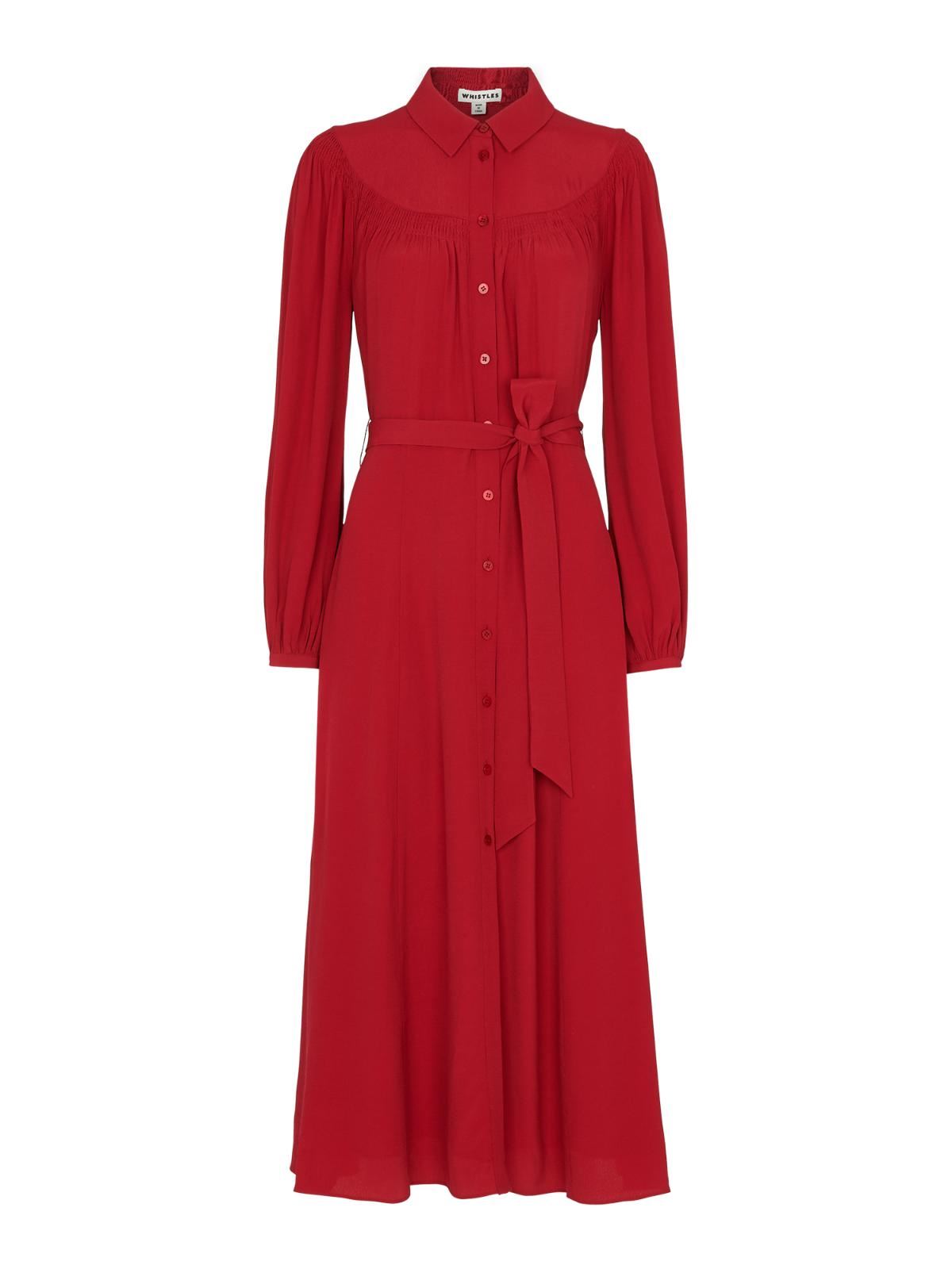 WHISTLES Smocked Yoke Shirt Dress Red Belted Long Sleeve UK4 RRP 159 BNWT