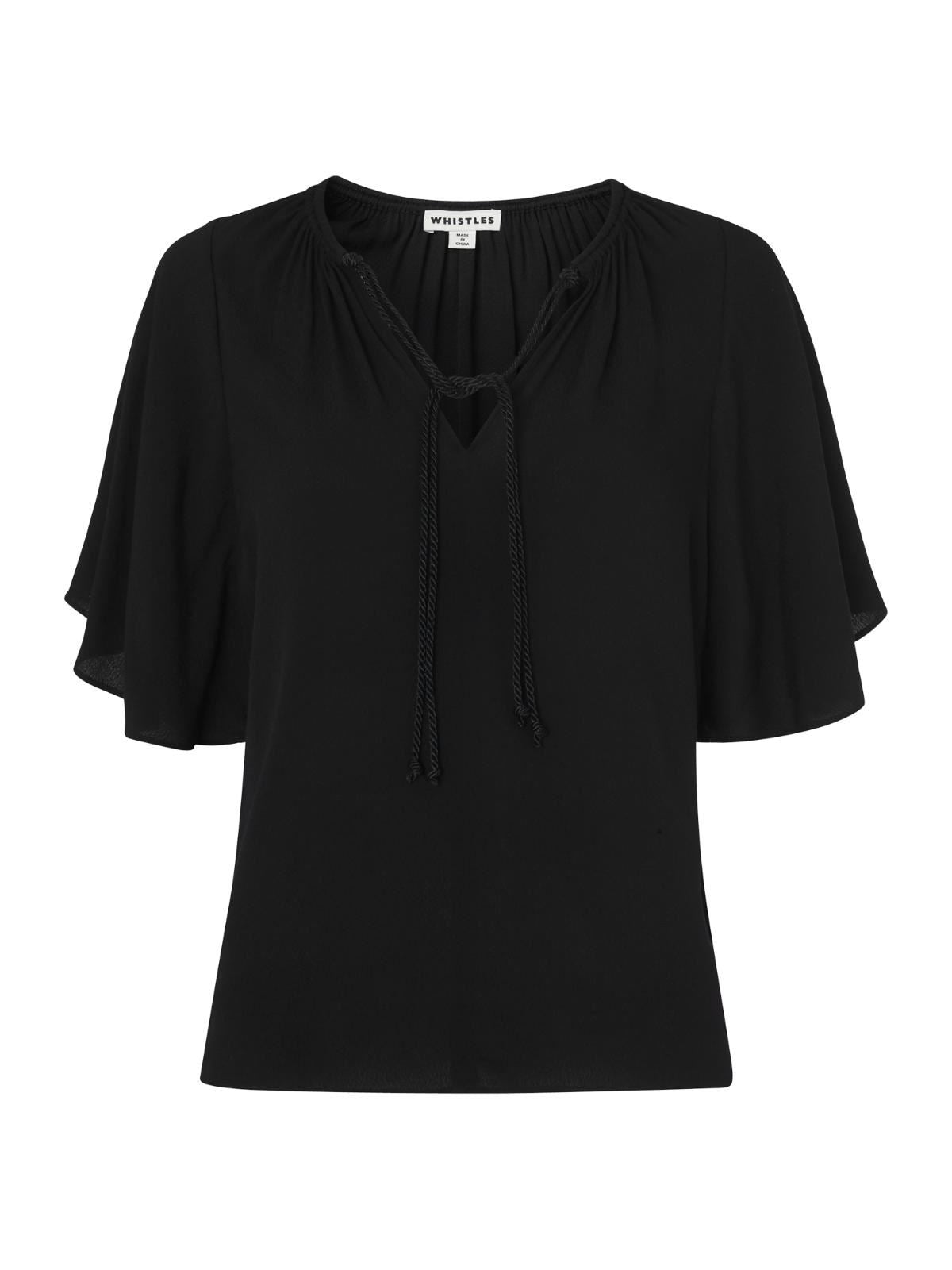 WHISTLES Ladies Black Cory Tie V Neck Short Sleeve Blouse Top UK4 BNWT RRP85