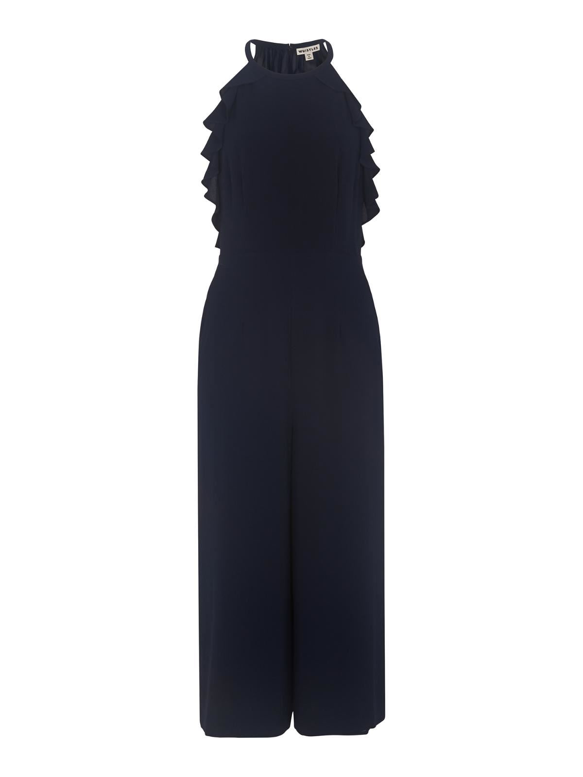 WHISTLES Ladies Navy Blue Sonia Frill Straight Leg Jumpsuit UK16 RRP179 BWNT