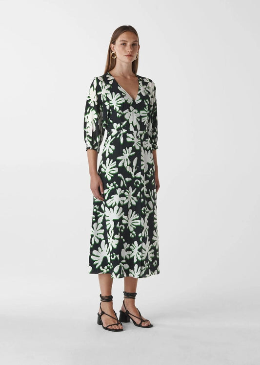 WHISTLES Ladies Green Silk Palm Leaf Print Midi V Length Dress UK4 BNWT RRP299