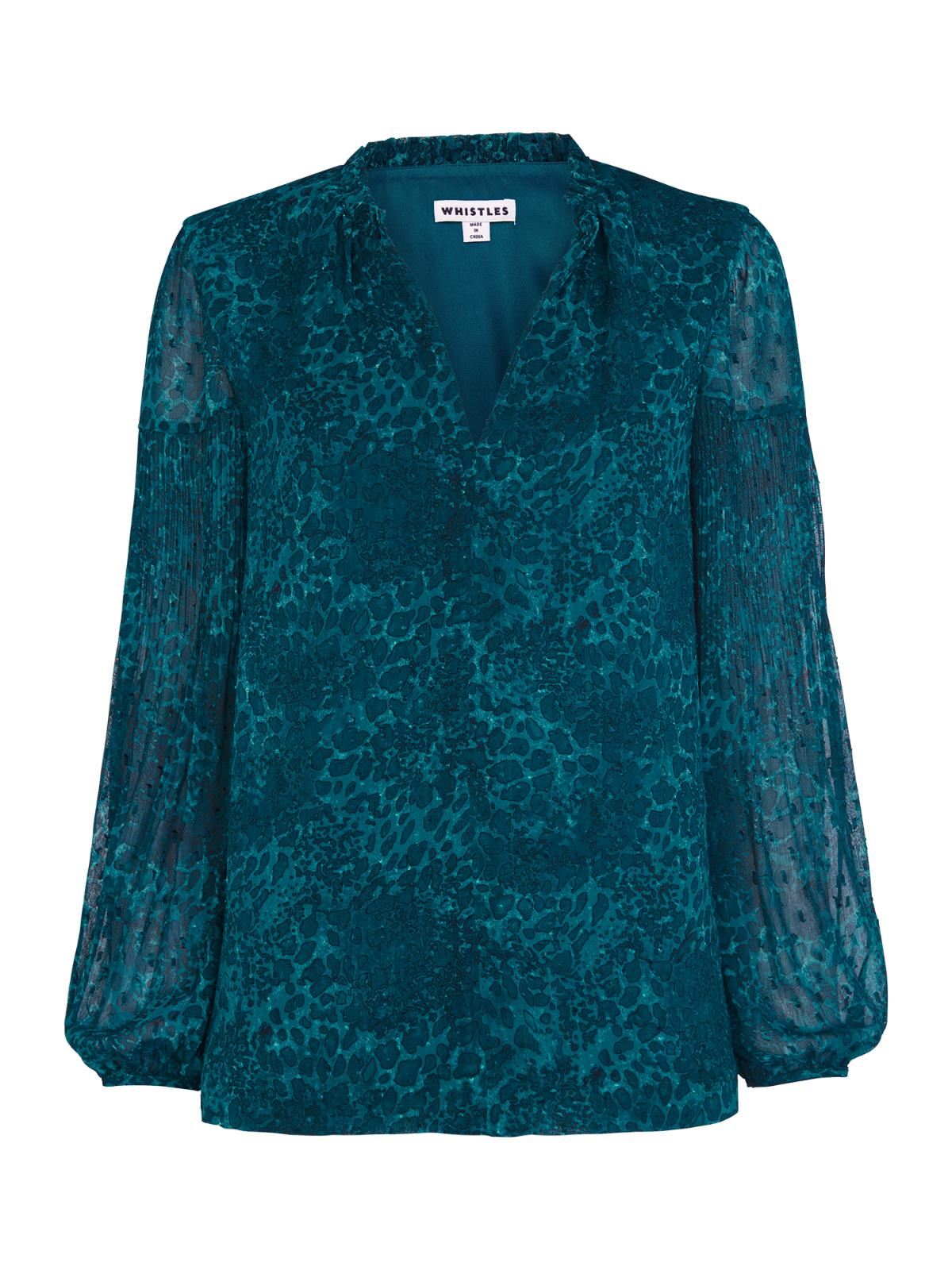 WHISTLES Ladies Teal Blue Big Cat Printed Dobby Blouse Top UK4 BNWT RRP109