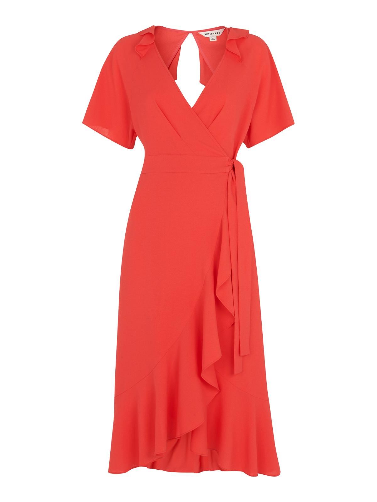 WHISTLES Abigail Frill Wrap Dress Coral Red Short Sleeve UK8 RRP 159.00 BNWT