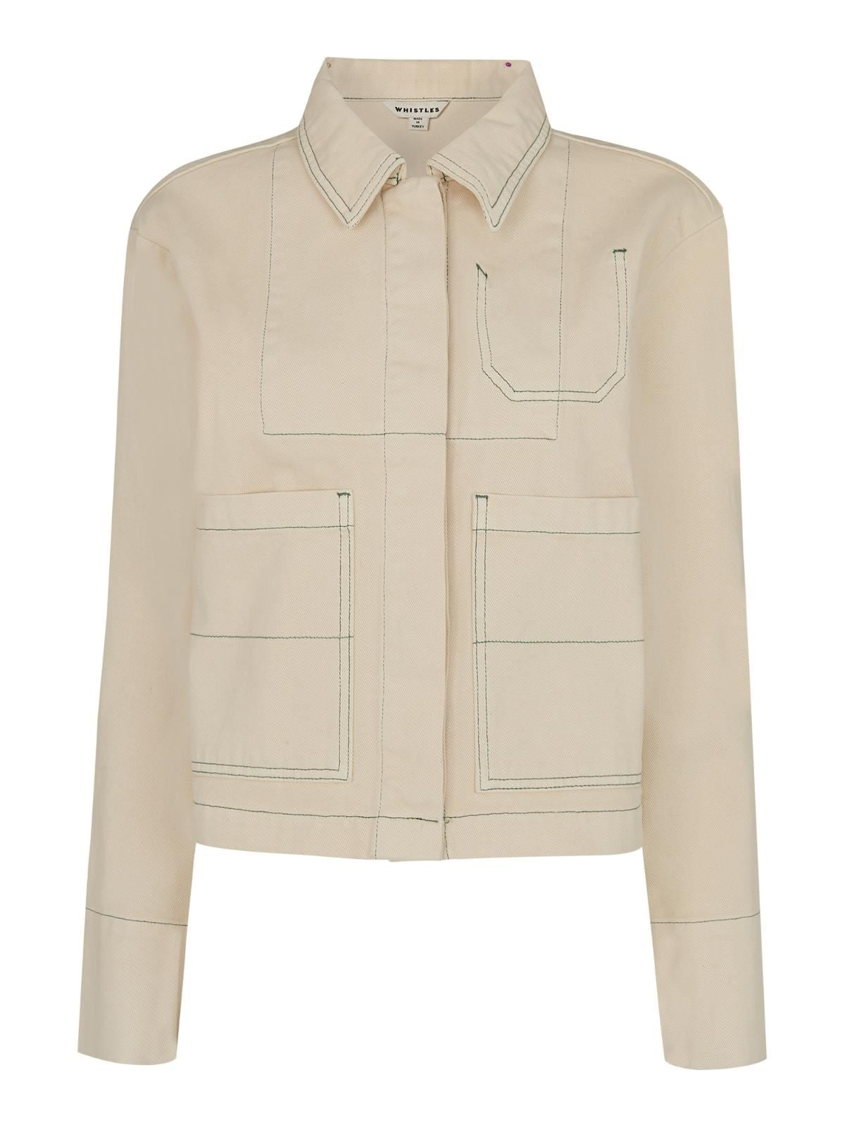 WHISTLES Ladies Ivory Contrast Stitch Long Sleeve Denim Jacket L RRP119 BNWT