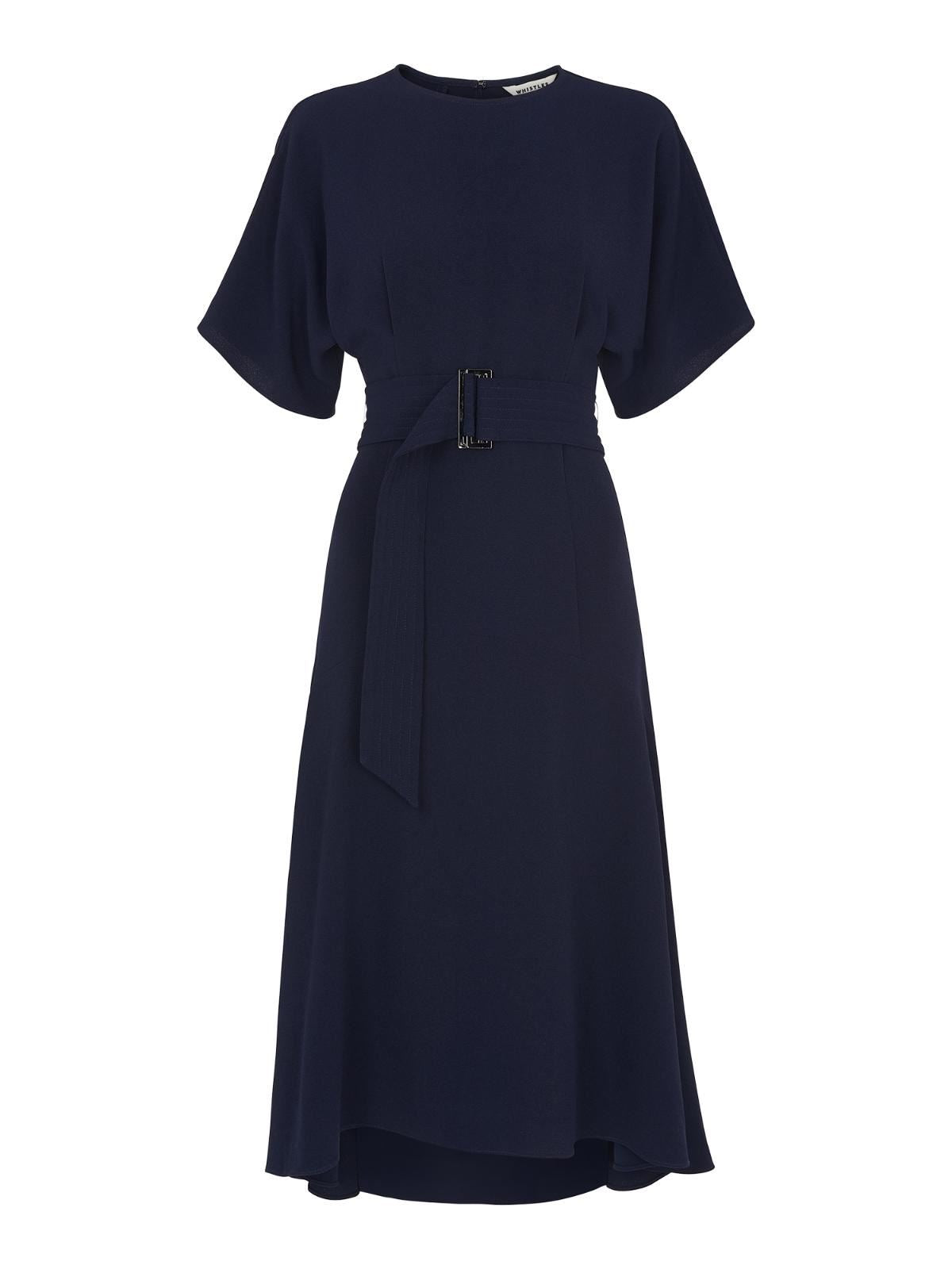 WHISTLES Belted Midi Dress Navy Blue Short Sleeved Crew Neck UK6 BNWT RRP149