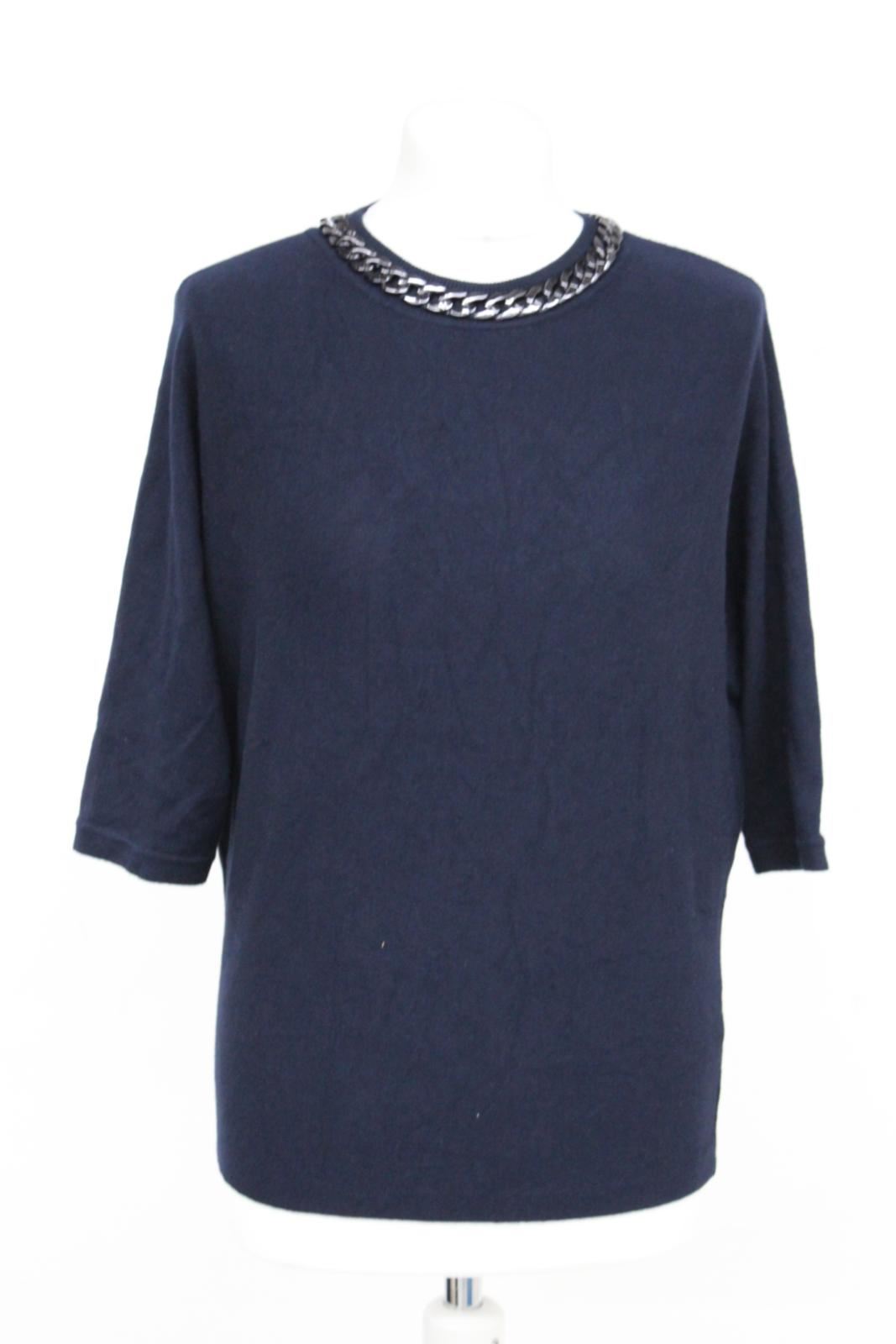 PHASE EIGHT Lades Blue Silver Tone 3/4 Sleeve Christine Chain Knit Top S BNWT