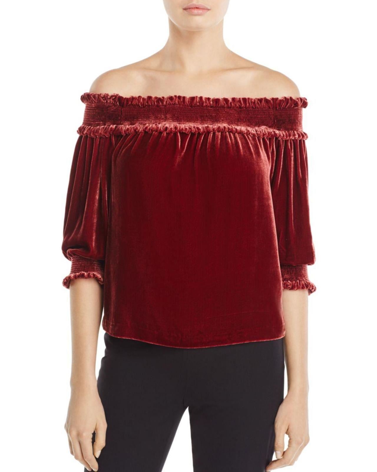 WHISTLES Burgundy Velvet Off Shoulder Ruffled Bardot Top UK4 RRP149 BNWT