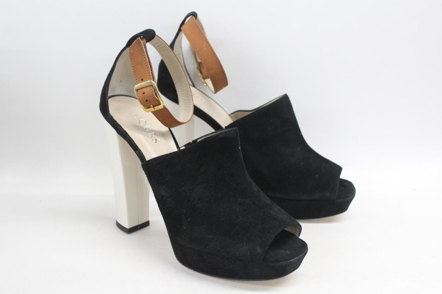 HOBBS Ladies Raven Shoes Black Ivorry Tan Suede Mix Peep Toe Heels UK7.5 NEW