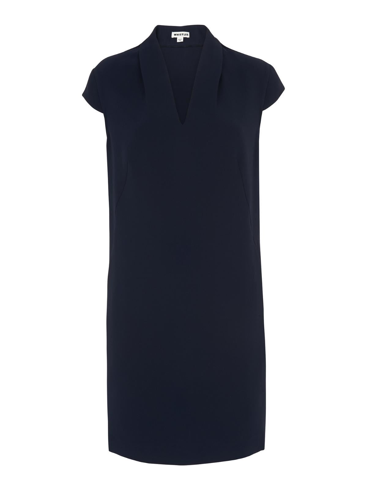 WHISTLES Paige V Neck Crepe Dress Navy Blue UK6 RRP120 BNWT