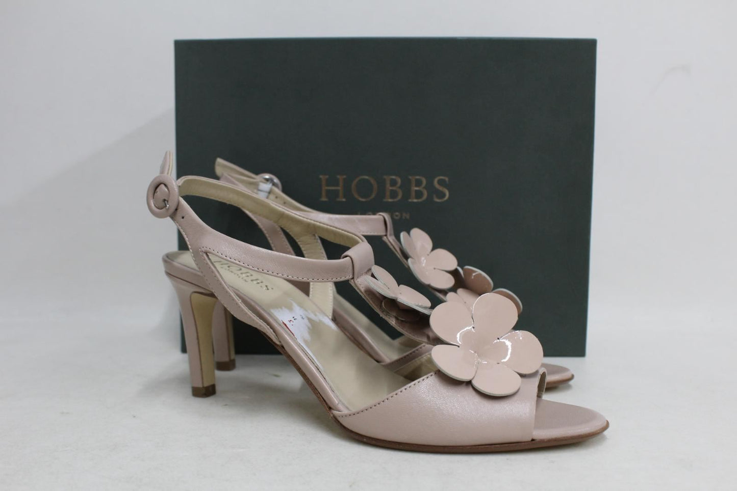 HOBBS Ladies Eva Light Nude Beige Patent Leather Floral Applique Sandals UK7 NEW