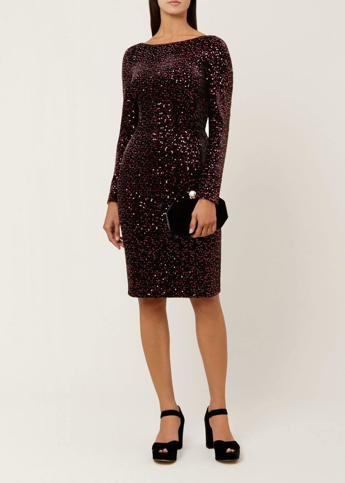 HOBBS Ladies Sawyer Long Sleeve Pencil Dress Plum/Black UK16 BNWT RRP199