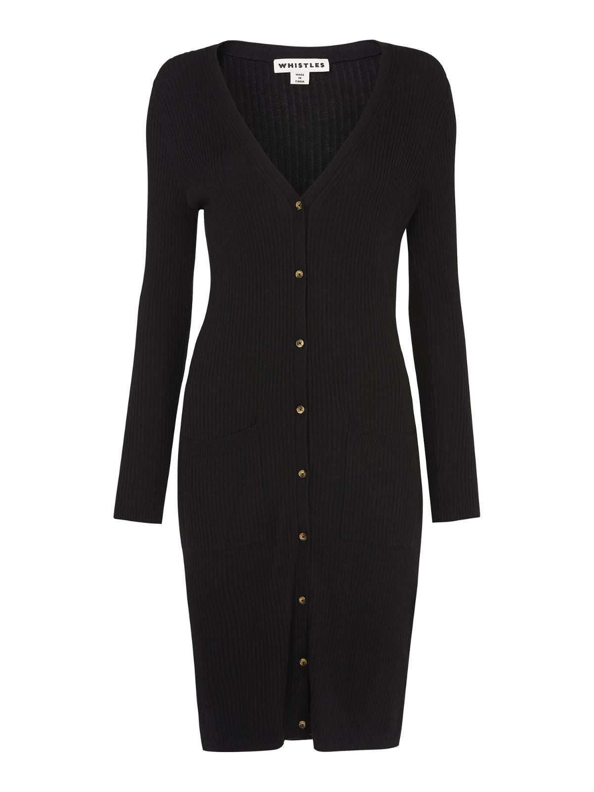 WHISTLES Ladies Longline Skinny Rib Knit Button Cardigan Black UK4 BNWT RRP119