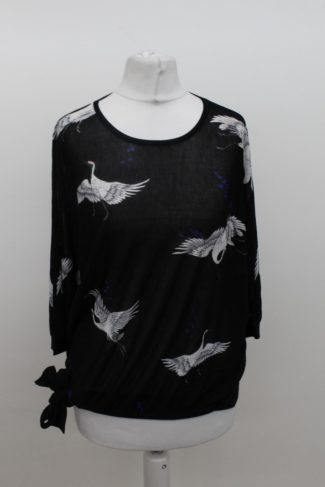 PHASE EIGHT Ladies Black 3/4 Sleeve Waist Tie Sheer Crane Bird Print Top S