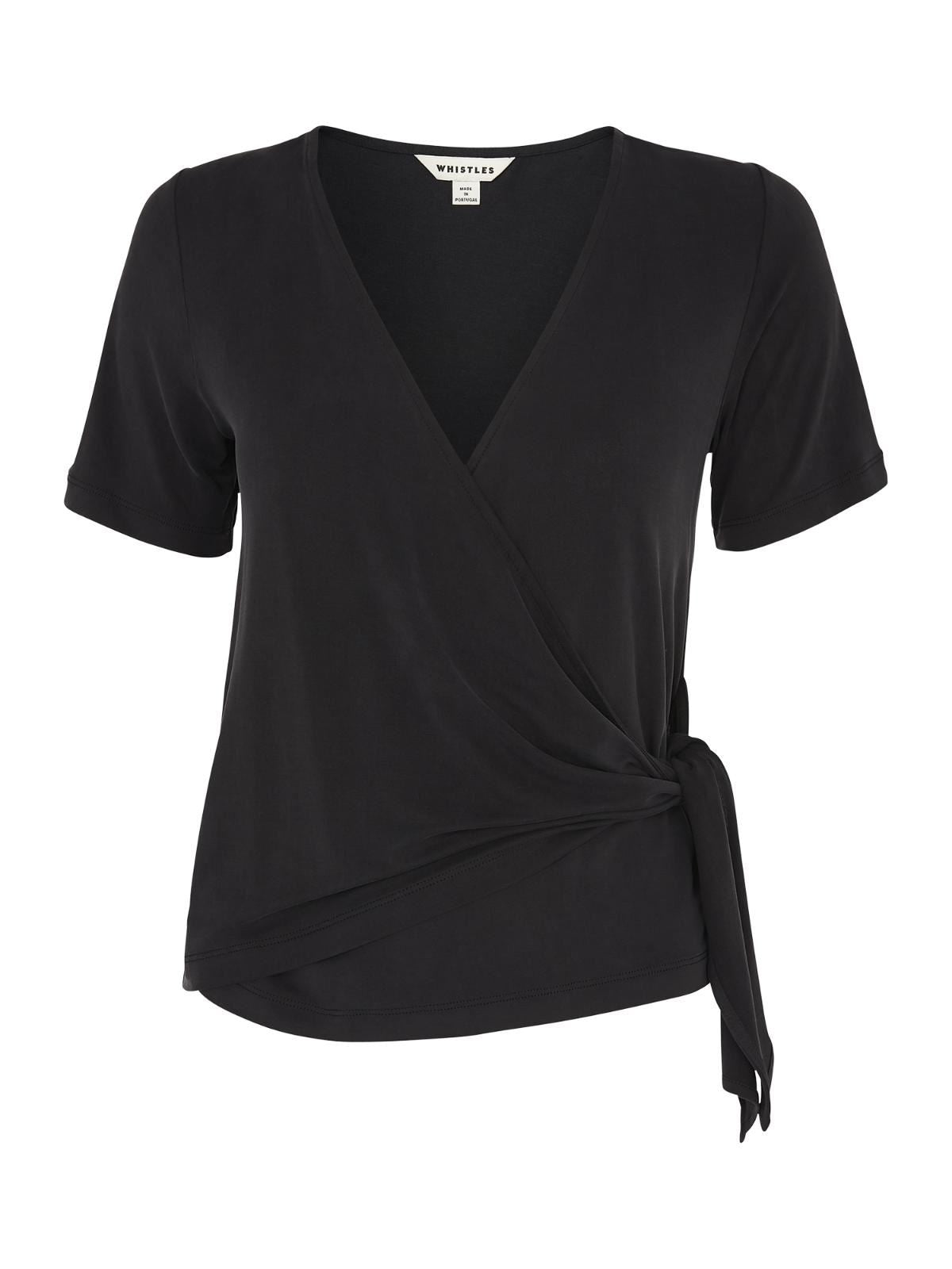 WHISTLES Ladies Black Cupro Wrap Front Short Sleeve Top Size UK4 BNWT RRP69