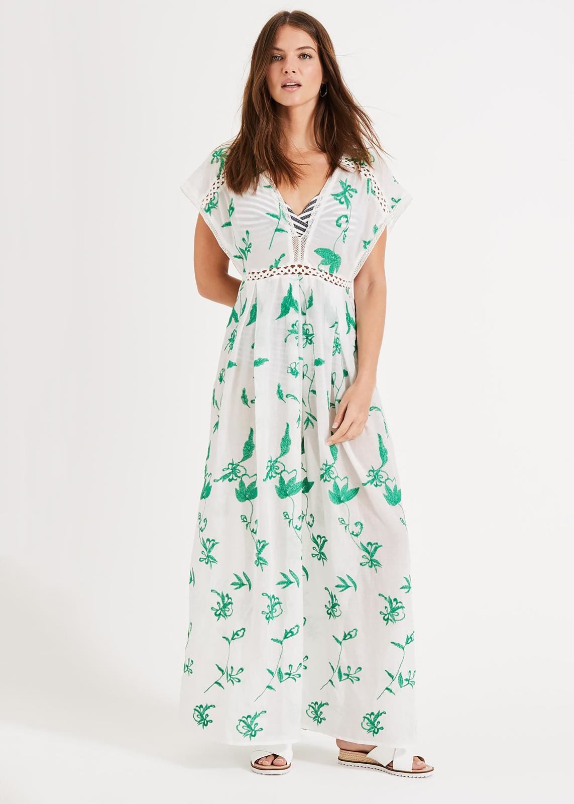 Phase Eight Ebony Embroidered Maxi Cotton Maxi Dress Ivory/Green Size UK10 RRP89