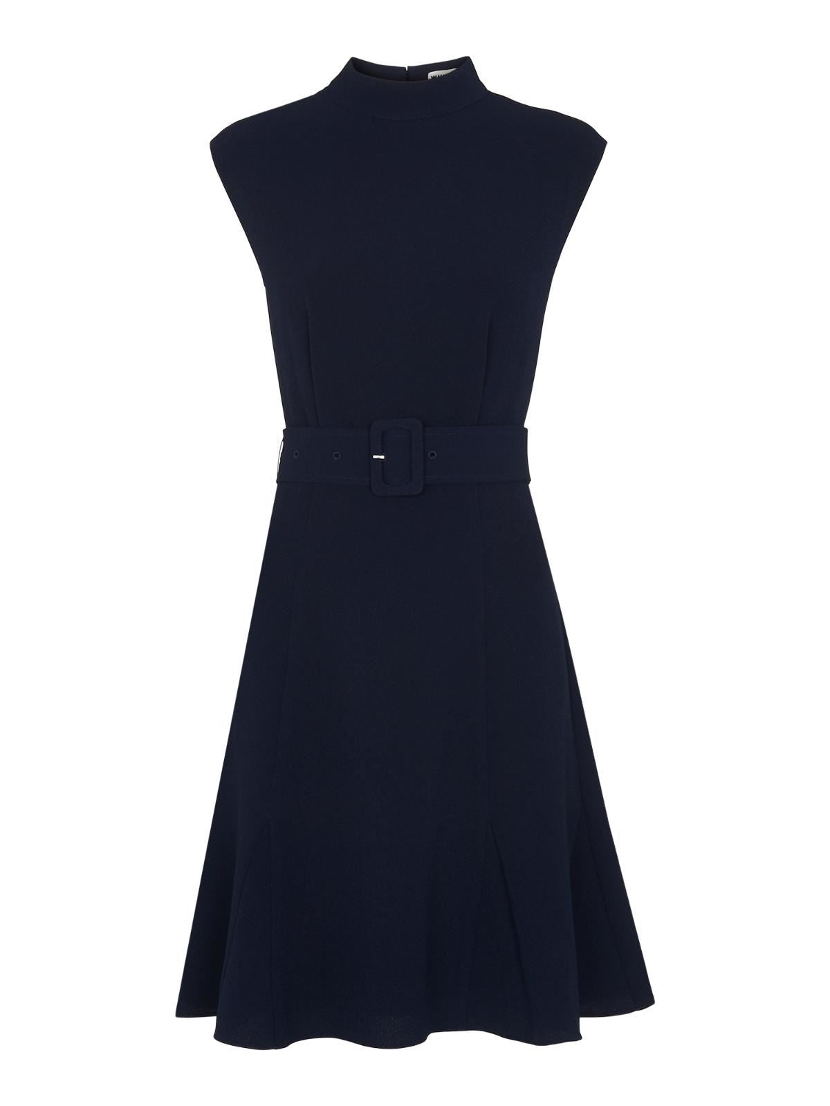 WHISTLES Sleeveless Belted Dress Navy Blue Fit & Flare UK6 RRP 139 BNWT