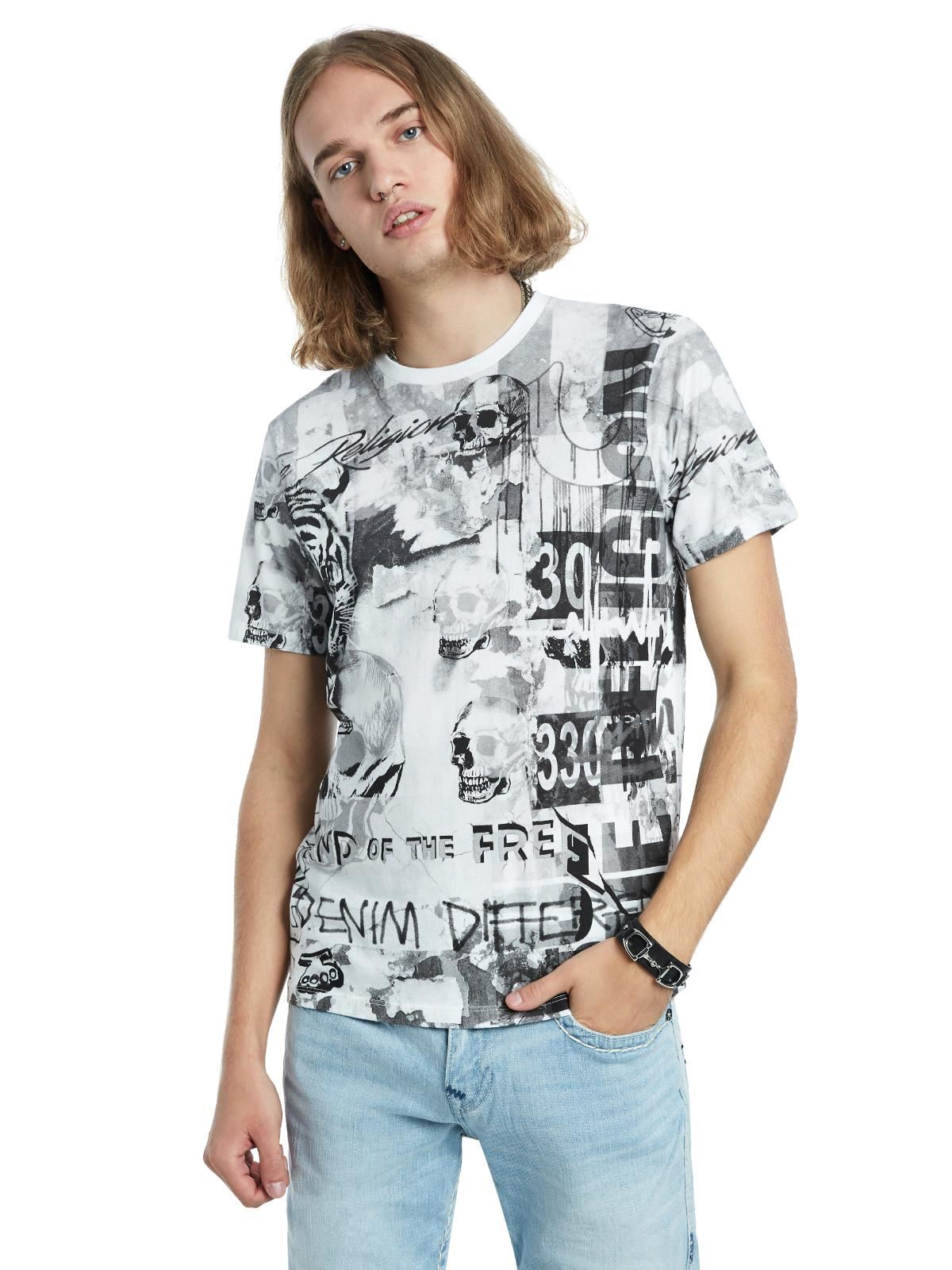 TRUE RELIGION Men's White Collage All Over Short Sleeve T-Shirt S RRP79 BNWT