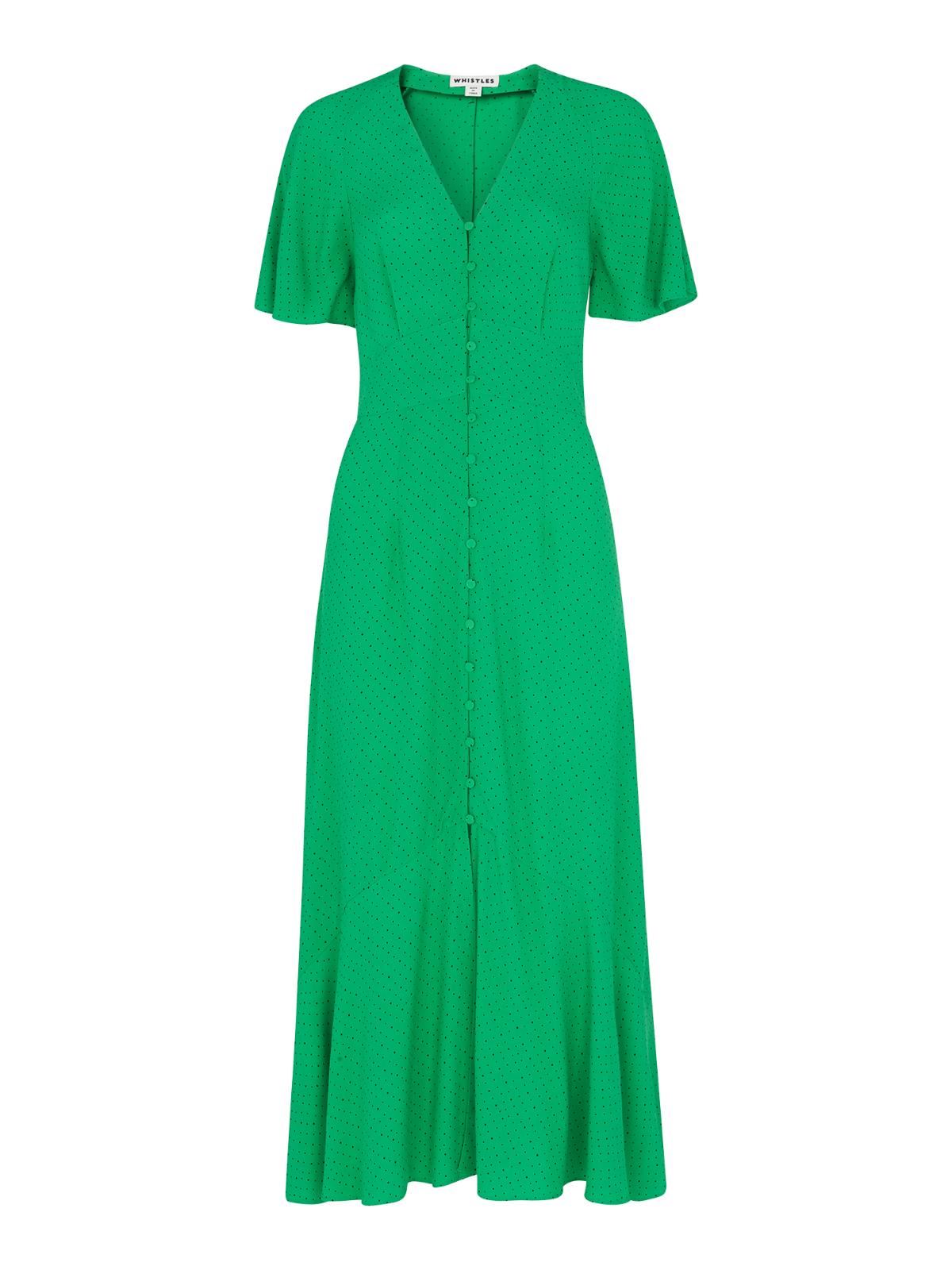 WHISTLES Ladies Micro Spot Button Dress Green/Multi V-Neckline UK6 RRP169 NEW