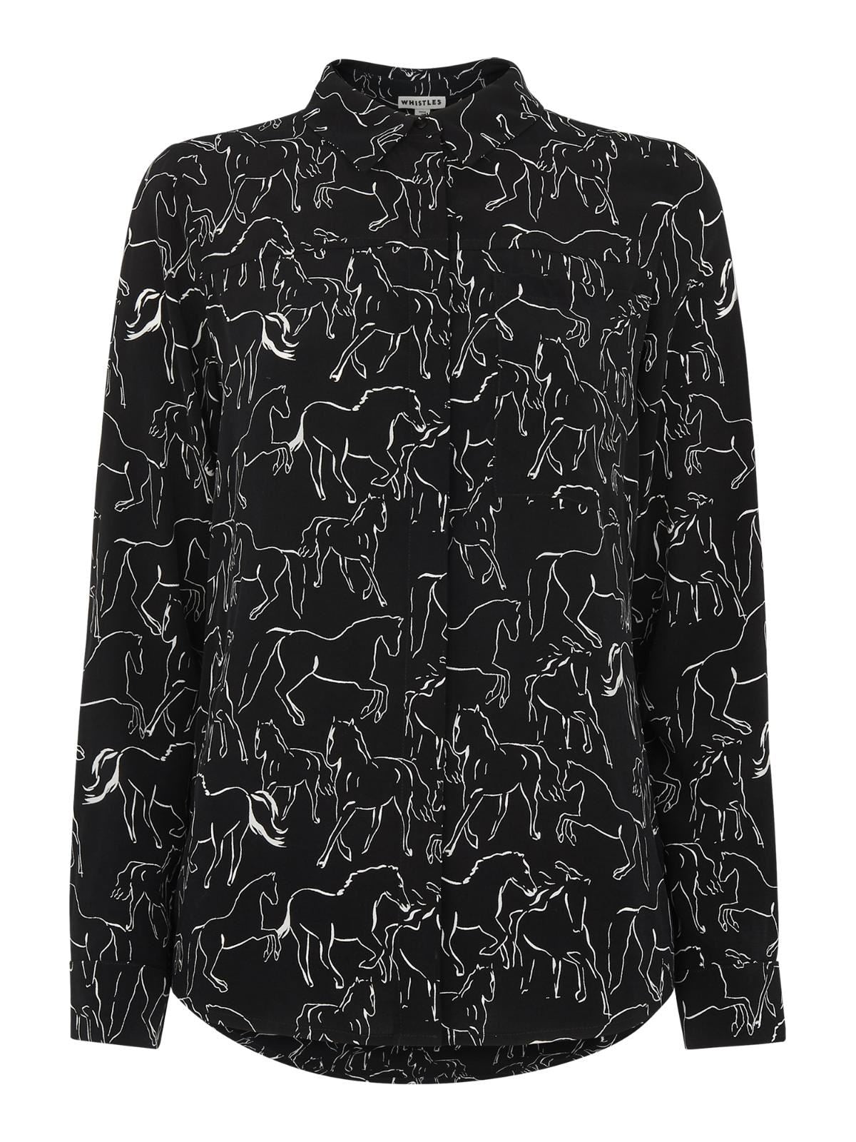 WHISTLES Ladies Black White Stallion Print Pocket Shirt Blouse UK6 RRP99 BNWT