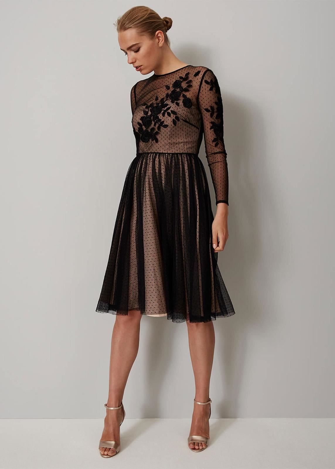 Phase Eight Nishi Tulle Long Sleeve Fit & Flare Dress Black/Nude Size UK6 RRP275