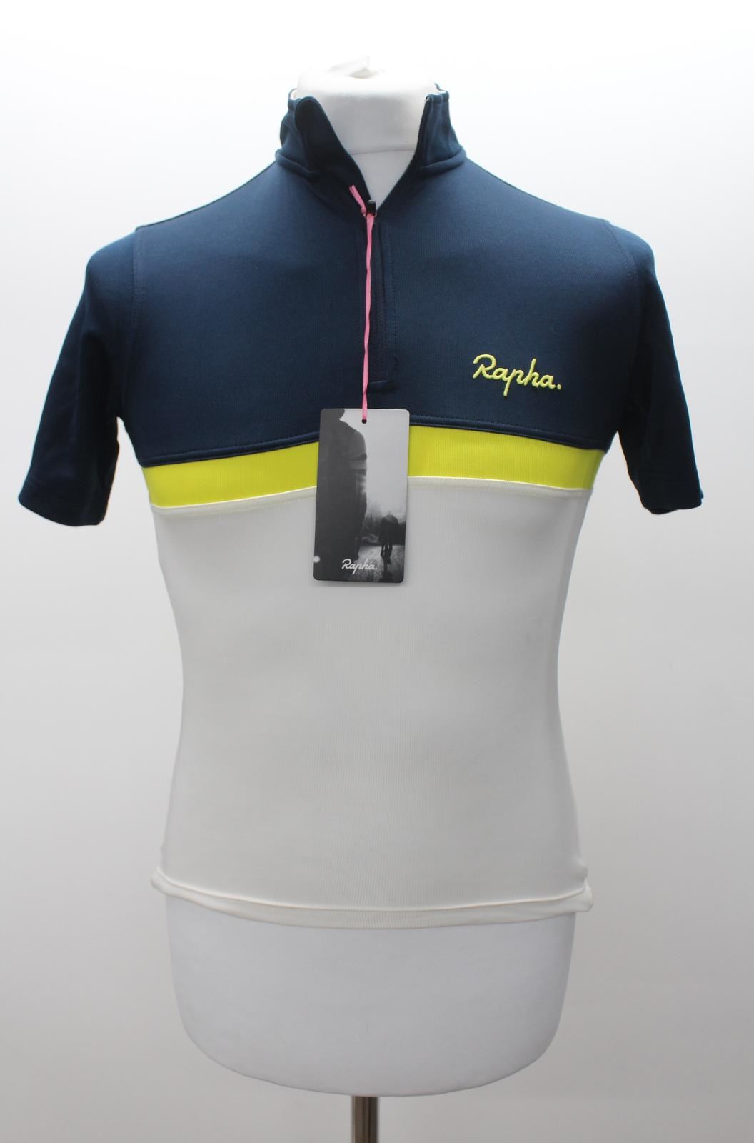 RAPHA Men's White Navy Blue Short Sleeve Merino Wool Club Cycling Jersey XS BNWT