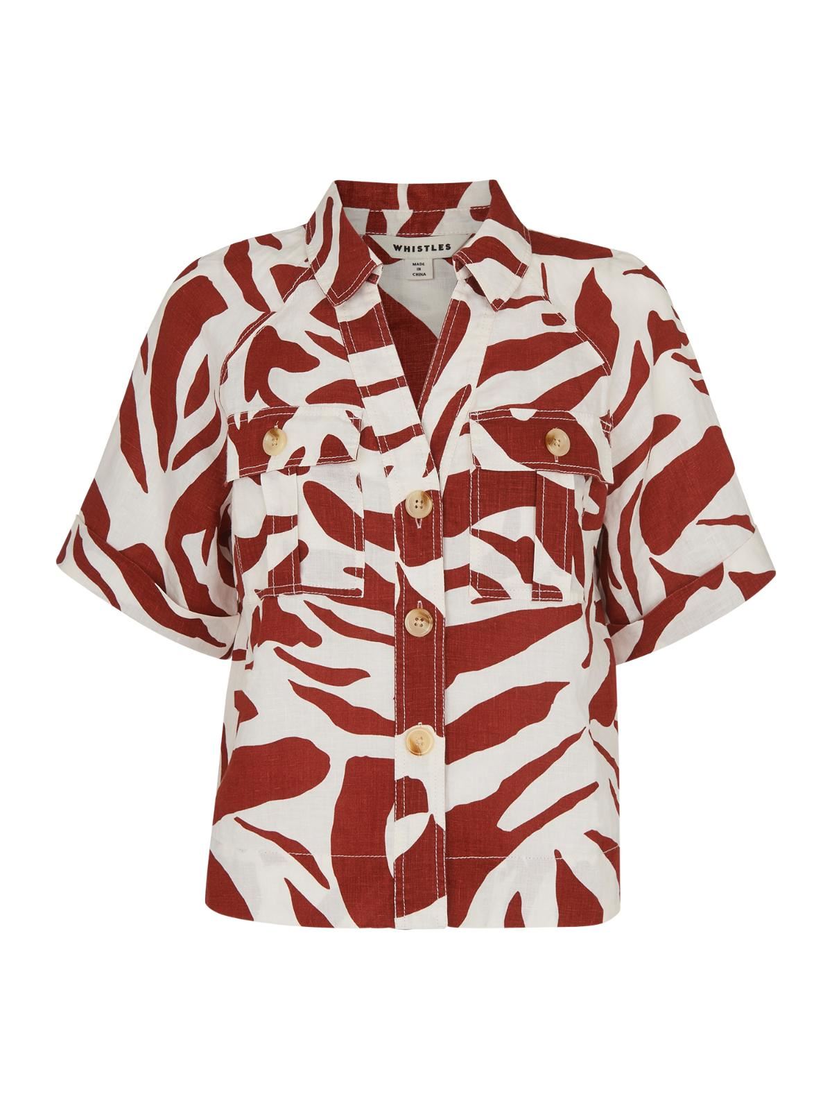 WHISTLES Ladies Red Ivory Linen Zebra Print Shirt Short Sleeve UK10 BNWT RRP99