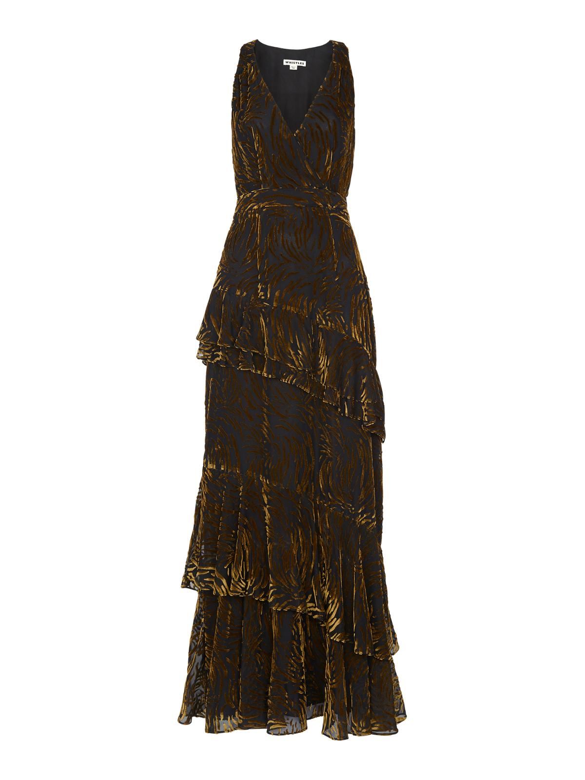 WHISTLES Edith Reed Print Maxi Dress Gold Sleeveless Tiered UK6 RRP319 BNWT