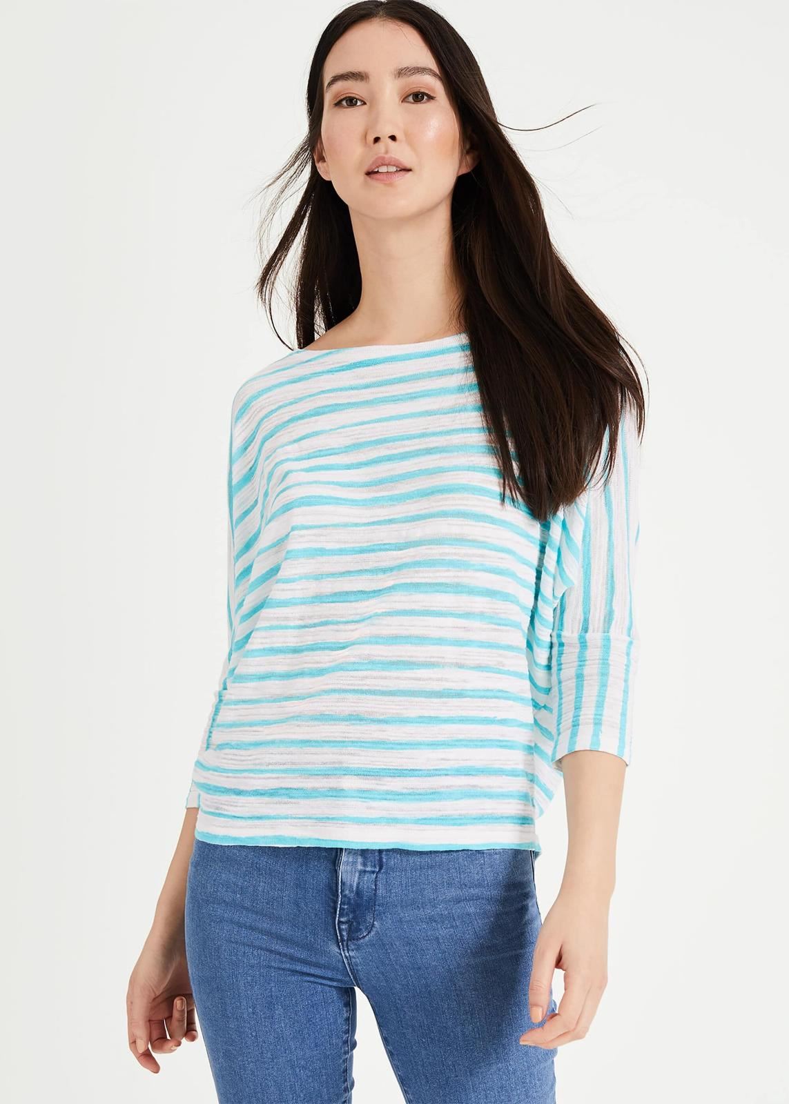 Phase Eight Brinley Stripe Knit 3/4 Sleeve Jumper Pullover Lagoon L RRP69