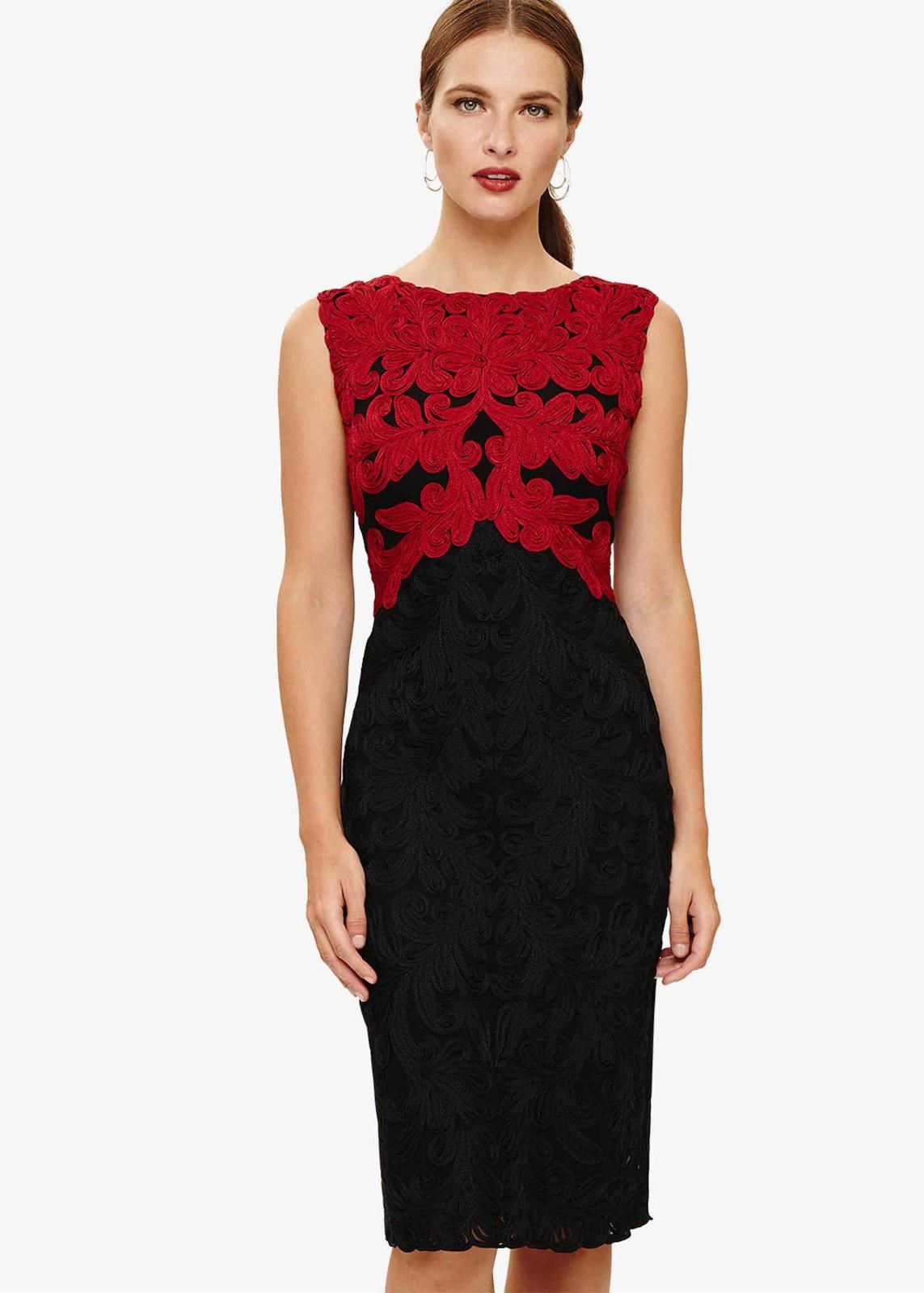 Phase Eight Countess Tapework Lace Pencil Dress Black/Scarlet Size UK12 RRP199