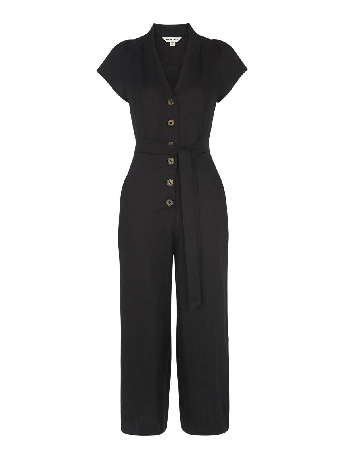 WHISTLES Ladies Sana Linen Button Jumpsuit Short Sleeve Black UK6 BNWT RRP159