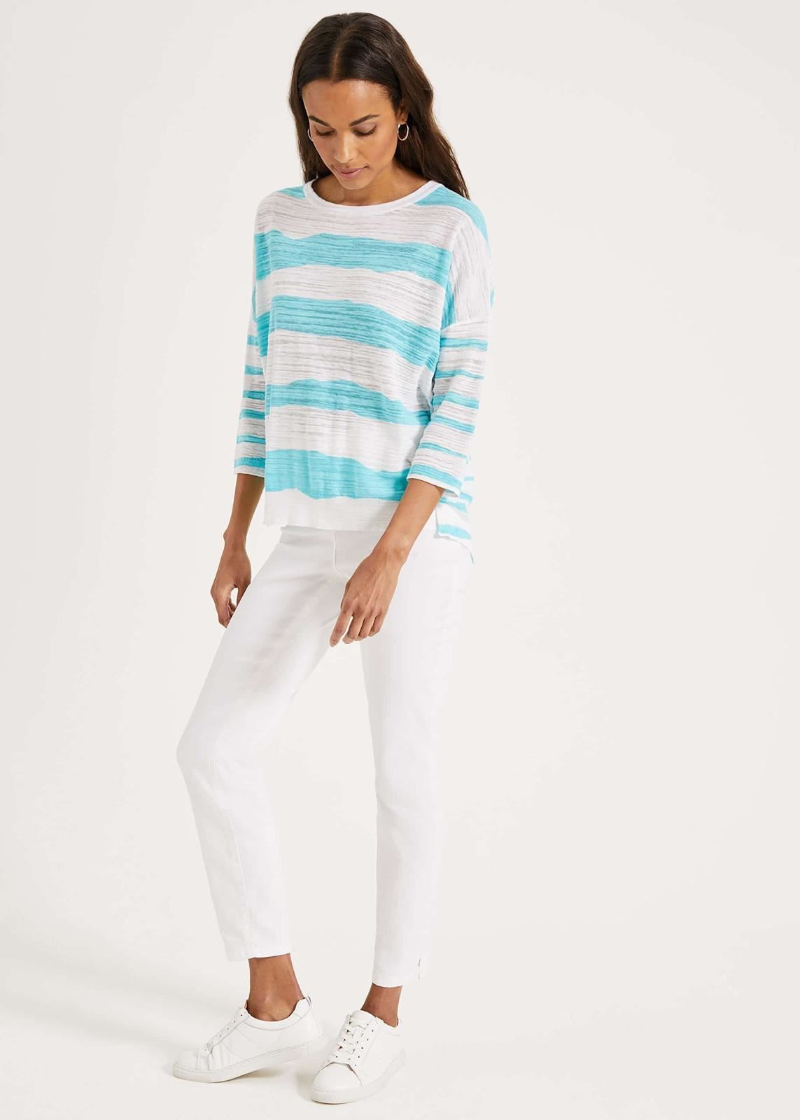 Phase Eight Poppy Stripe Knit 3/4 Sleeve Jumper Pullover Top Lagoon M RRP69