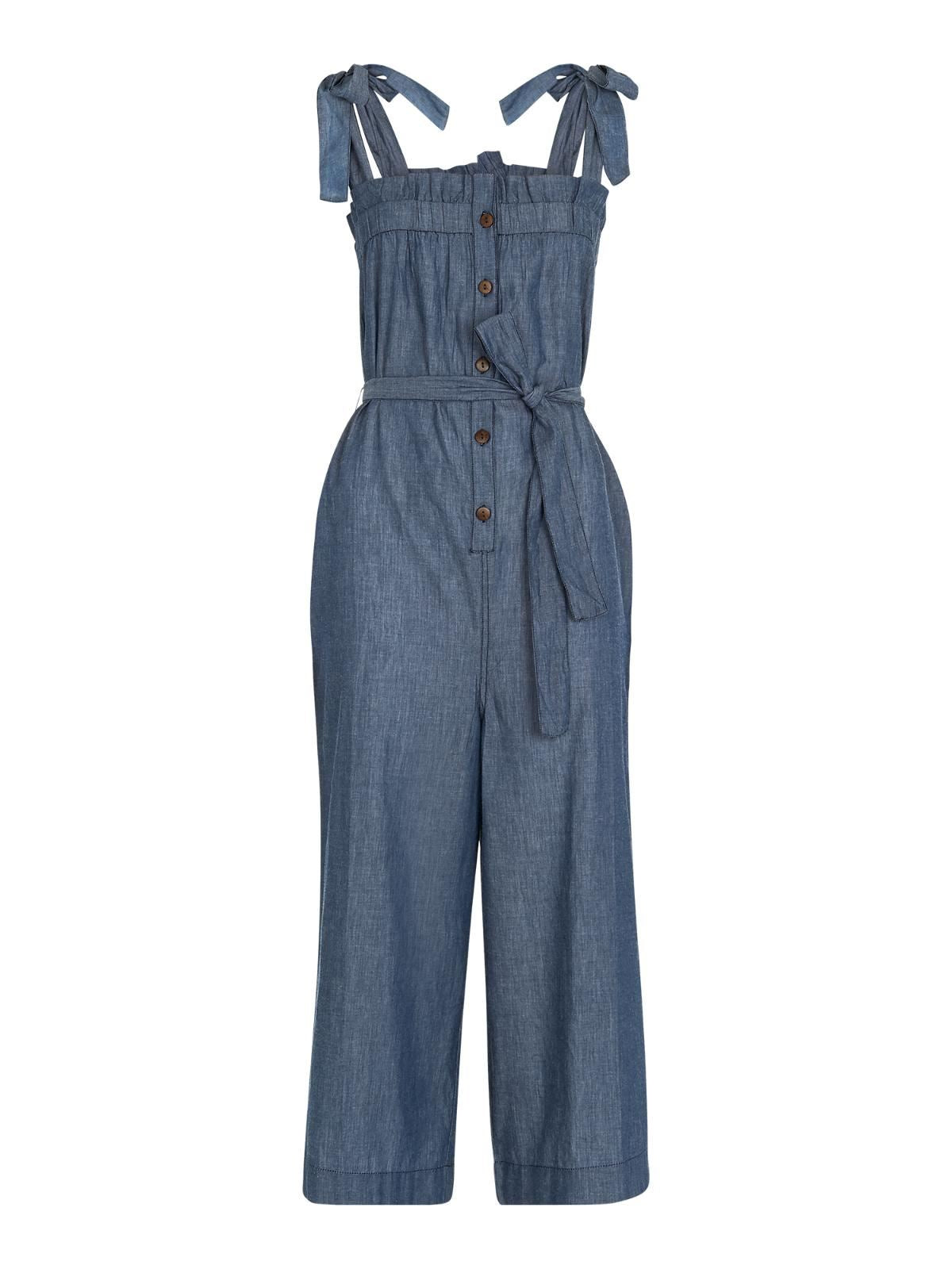 WHISTLES Ladies Blue Cotton Tie Chambray Sleeveless Jumpsuit L BNWT RRP129