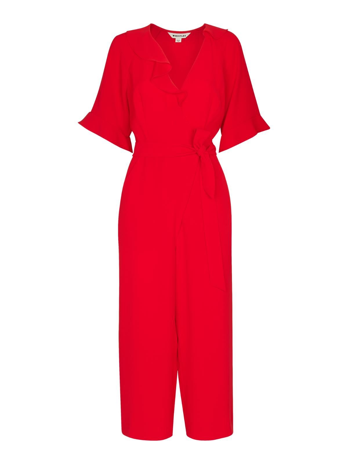 WHISTLES Ladies Alma Red V Neck Frill 3/4 Sleeve Jumpsuit UK8 BNWT RRP169
