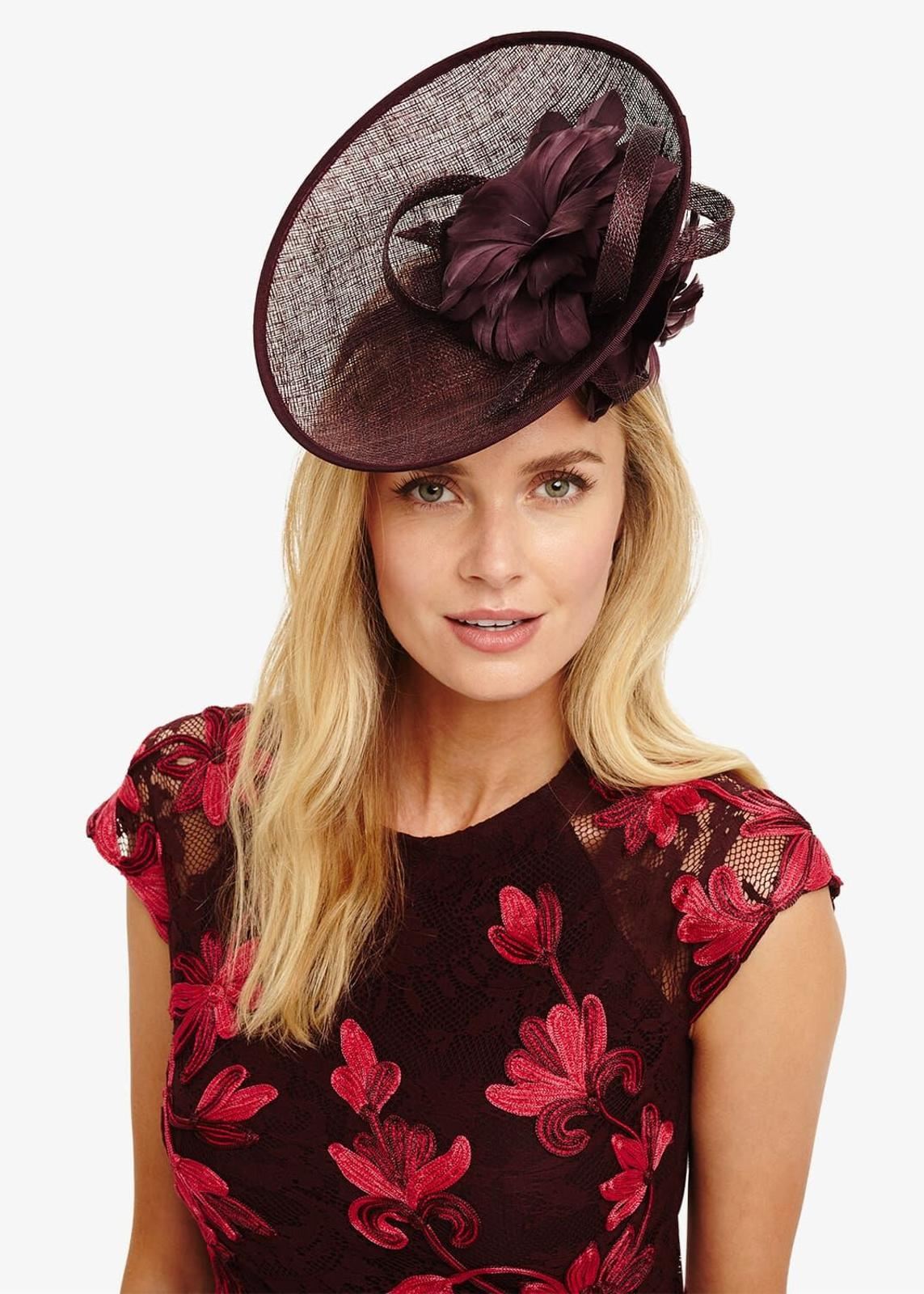 Phase Eight Palma Flower Disc Fascinator Hat Claret RRP65