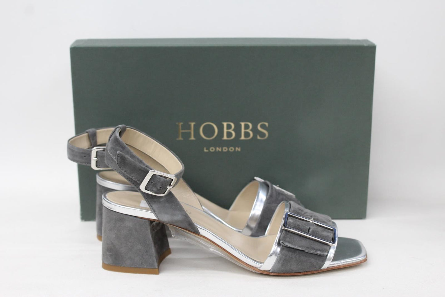 HOBBS Ladies Tara Grey Silver Buckled Block Heel Sandals Shoes UK3 EU36 NEW