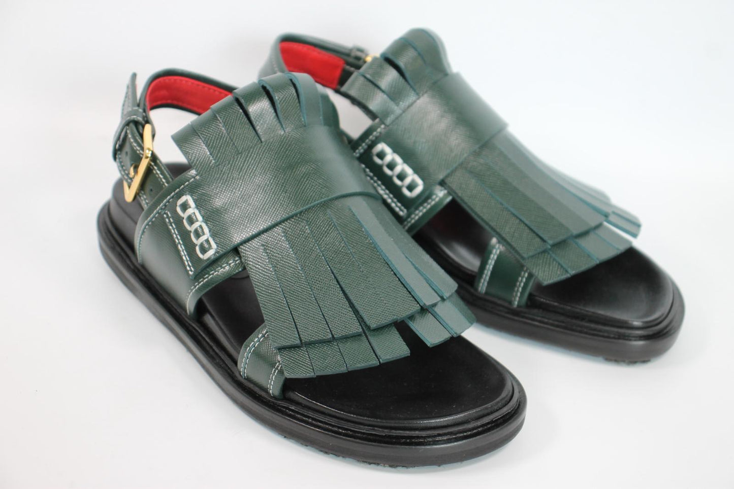 MARNI Ladies Dark Green Leather Slingback Frilled Flat Sandals EU37 UK4 BNIB