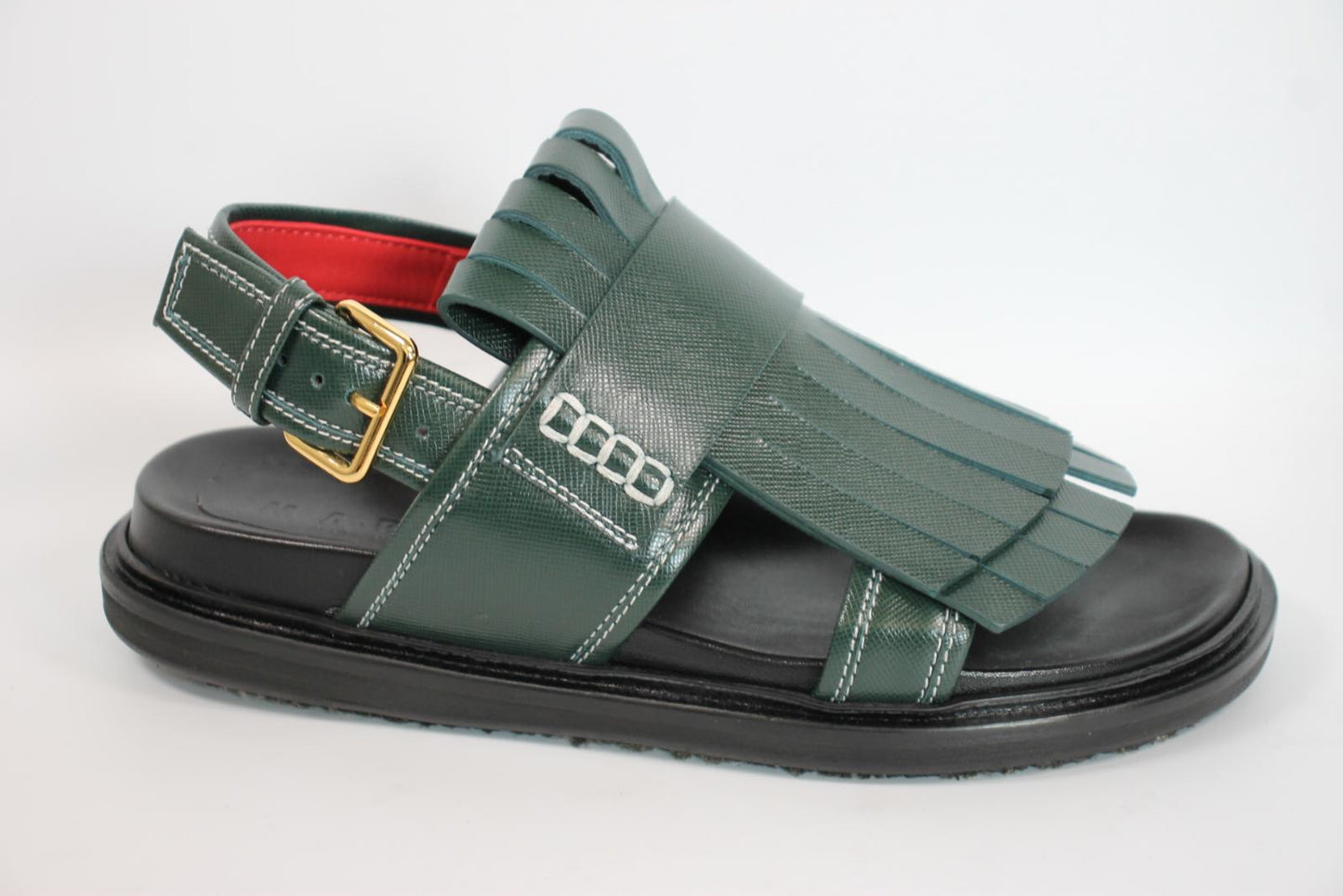MARNI Ladies Dark Green Leather Slingback Frilled Flat Sandals EU37 UK4 BNIB