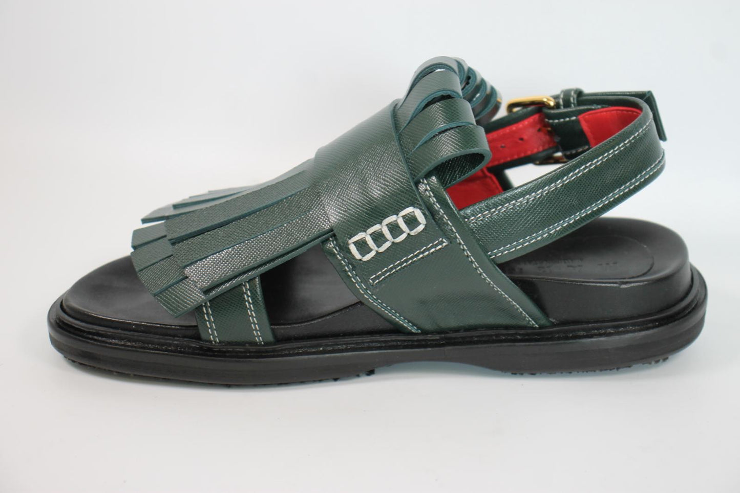 MARNI Ladies Dark Green Leather Slingback Frilled Flat Sandals EU37 UK4 BNIB