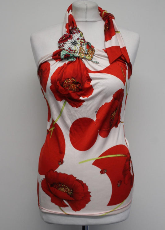 VERSACE Ladies Red Silk Blend Ladybird Poppy Print Tie Neck Top IT44 UK12 NEW