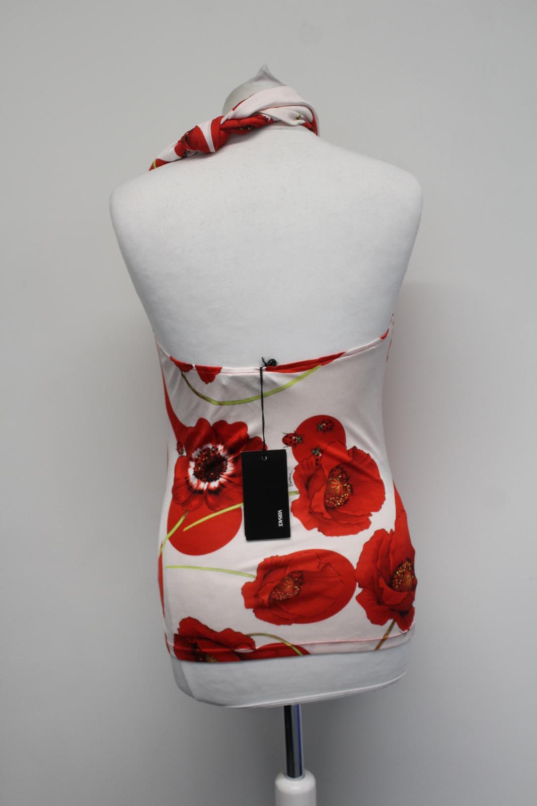 VERSACE Ladies Red Silk Blend Ladybird Poppy Print Tie Neck Top IT44 UK12 NEW